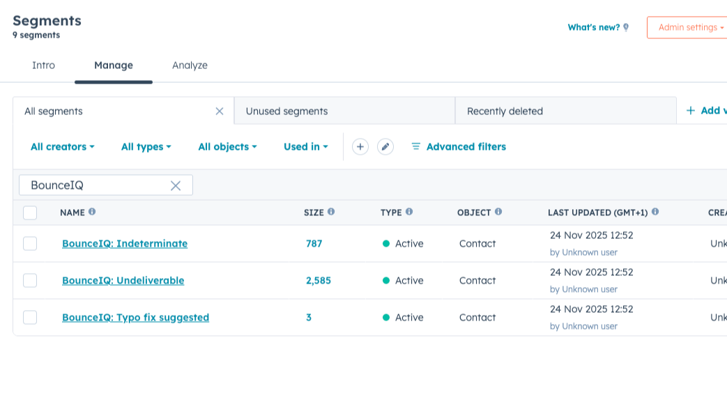 HubSpot Lists page filtered to show the three BounceIQ-managed lists with live member counts.