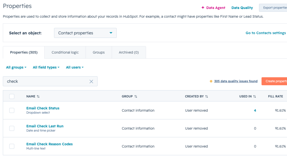 HubSpot contact property panel showing the four BounceIQ properties (status, reason codes, canonical suggestion, last run).