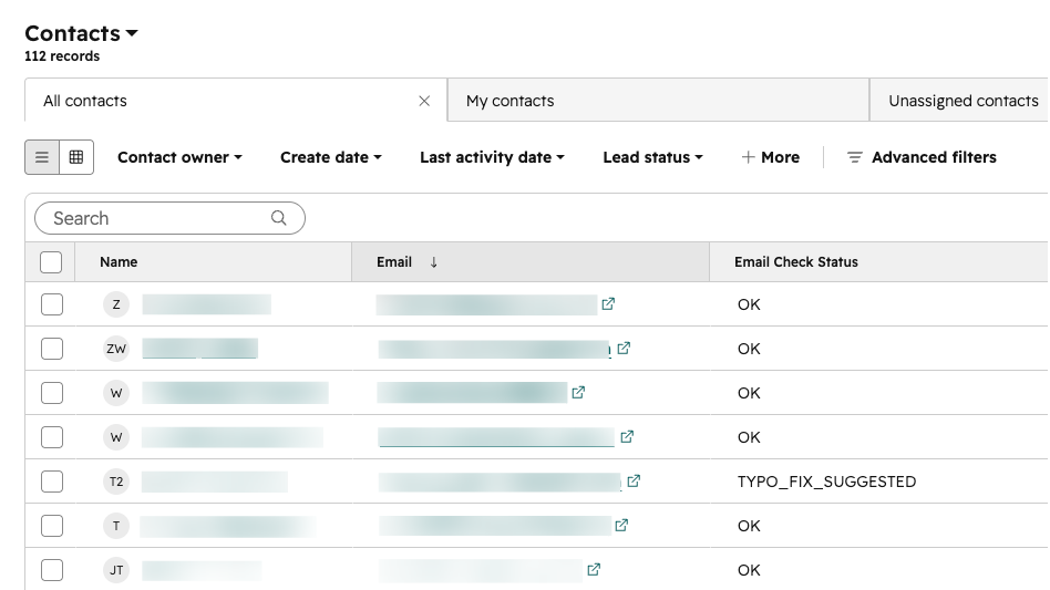 HubSpot contacts list view with the "Email check status" column visible across several contacts.