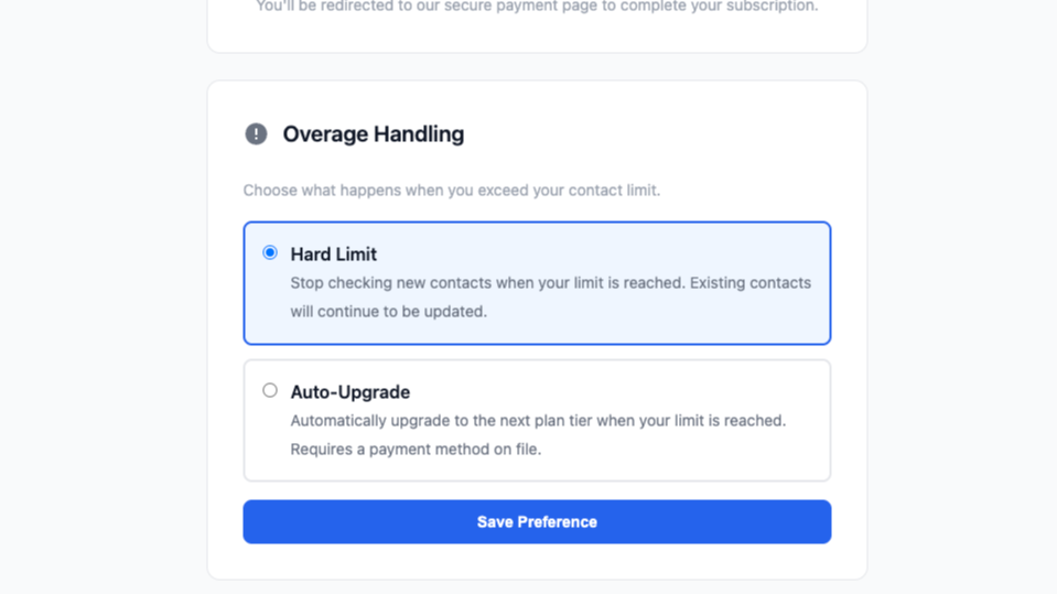 The BounceIQ "Overage Mode" selector (Hard Limit vs Auto-Upgrade).