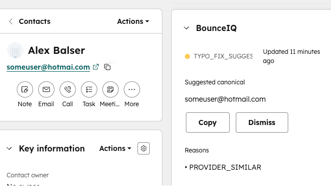 BounceIQ CRM card in the "Typo fix suggested" state, showing original email and suggested correction side-by-side.
